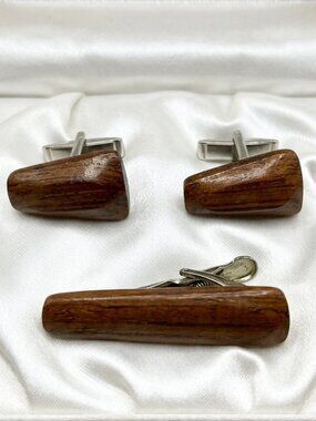 Vintage Cuff links & Tie Clip Dark Brown Wood Silver Tone Artisan Made in Canada